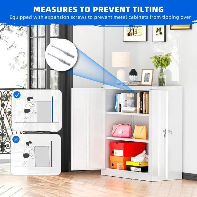 Alt view image 7 of 7 - Locking Cabinet, Metal Storage Cabinets with Doors and Adjustment Shelves, 36" Garage Cabinets with Lock for Home, Office, File Pantry, Kitchen - White