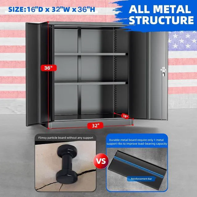 Alt view image 3 of 7 - Locking Cabinet, Metal Storage Cabinets with Doors and Adjustment Shelves, 36" Garage Cabinets with Lock for Home, Office, File Pantry, Kitchen - Black