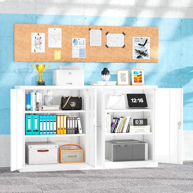 Alt view image 2 of 7 - Locking Cabinet, Metal Storage Cabinets with Doors and Adjustment Shelves, 36" Garage Cabinets with Lock for Home, Office, File Pantry, Kitchen - White