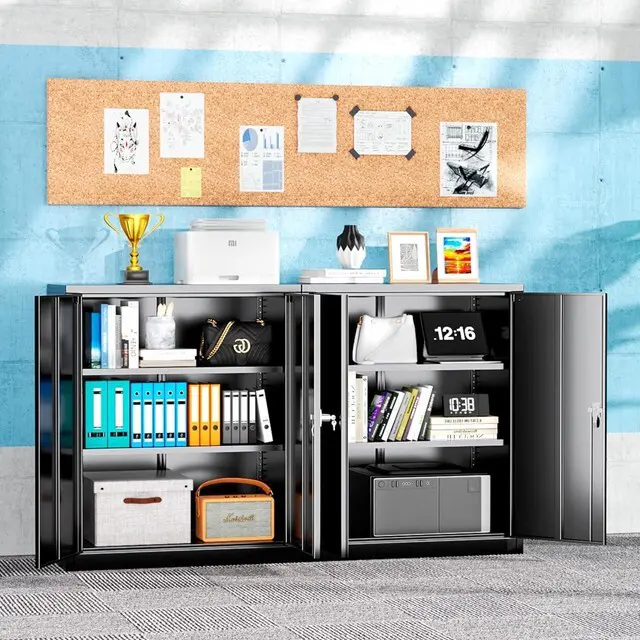 Alt view image 2 of 7 - Locking Cabinet, Metal Storage Cabinets with Doors and Adjustment Shelves, 36" Garage Cabinets with Lock for Home, Office, File Pantry, Kitchen - Black