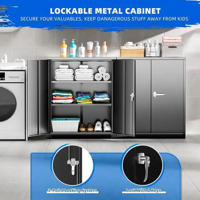 Alt view image 5 of 7 - Locking Cabinet, Metal Storage Cabinets with Doors and Adjustment Shelves, 36" Garage Cabinets with Lock for Home, Office, File Pantry, Kitchen - Black