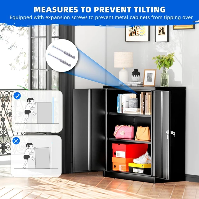 Alt view image 7 of 7 - Locking Cabinet, Metal Storage Cabinets with Doors and Adjustment Shelves, 36" Garage Cabinets with Lock for Home, Office, File Pantry, Kitchen - Black