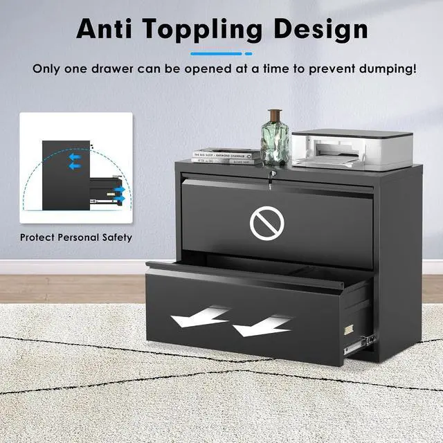 Alt view image 6 of 7 - Lateral File Cabinet, 2 Drawer File Cabinet with Lock, Black Filing Cabinets for Home Office, Metal File Cabinet for Hanging Files/Letters/Legal/F4/A4(2Drawer/Black)