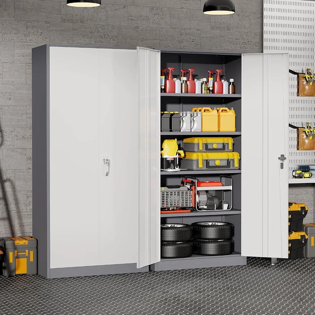Alt view image 2 of 7 - Garage Storage Cabinet 71" Metal Locking Cabinet 5-Layer with Door Steel Multifunctional Storage Cabinets with 4 Adjustable Shelves, Tool Cabinets for Home, Office, Warehouse(White Grey)