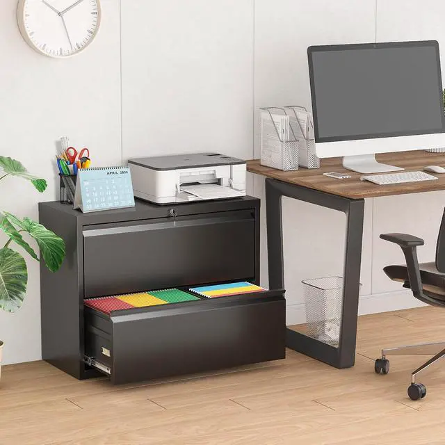 Alt view image 2 of 7 - Lateral File Cabinet, 2 Drawer File Cabinet with Lock, Black Filing Cabinets for Home Office, Metal File Cabinet for Hanging Files/Letters/Legal/F4/A4(2Drawer/Black)