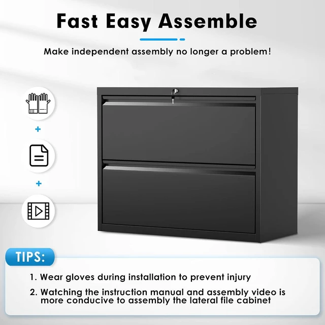 Alt view image 7 of 7 - Lateral File Cabinet, 2 Drawer File Cabinet with Lock, Black Filing Cabinets for Home Office, Metal File Cabinet for Hanging Files/Letters/Legal/F4/A4