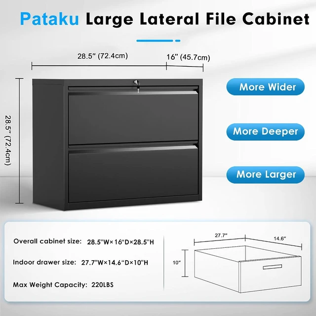 Alt view image 3 of 7 - Lateral File Cabinet, 2 Drawer File Cabinet with Lock, Black Filing Cabinets for Home Office, Metal File Cabinet for Hanging Files/Letters/Legal/F4/A4