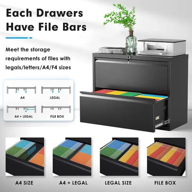 Alt view image 4 of 7 - Lateral File Cabinet, 2 Drawer File Cabinet with Lock, Black Filing Cabinets for Home Office, Metal File Cabinet for Hanging Files/Letters/Legal/F4/A4(2Drawer/Black)