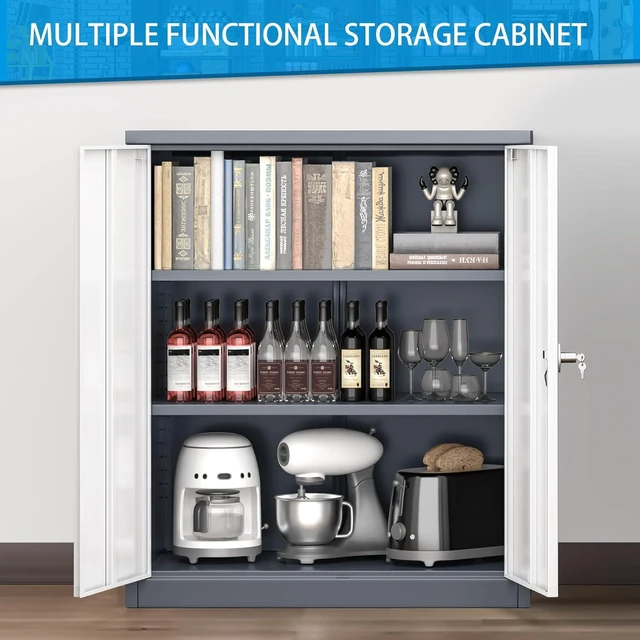 Alt view image 2 of 7 - Locking Cabinet, Metal Storage Cabinets with Doors and Adjustment Shelves, 36" Garage Cabinets with Lock for Home, Office, File Pantry, Kitchen - White Grey
