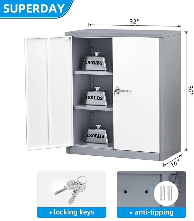 Alt view image 3 of 7 - Locking Cabinet, Metal Storage Cabinets with Doors and Adjustment Shelves, 36" Garage Cabinets with Lock for Home, Office, File Pantry, Kitchen - White Grey