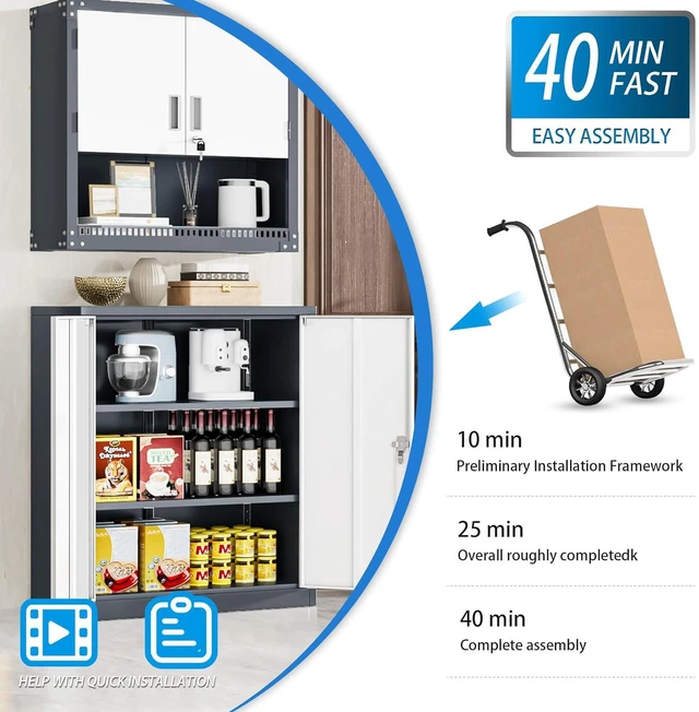 Alt view image 7 of 7 - Locking Cabinet, Metal Storage Cabinets with Doors and Adjustment Shelves, 36" Garage Cabinets with Lock for Home, Office, File Pantry, Kitchen - White Grey