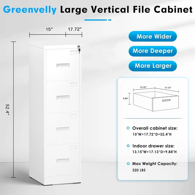 Alt view image 3 of 7 - 4 Drawer File Cabinet with Lock, Sturdy Metal Vertical Filing Cabinets for Home Office, Under Desk Paperwork Storage Fully Extendable Slides Letter Legal A4 Size 18x15x52 Inches, White