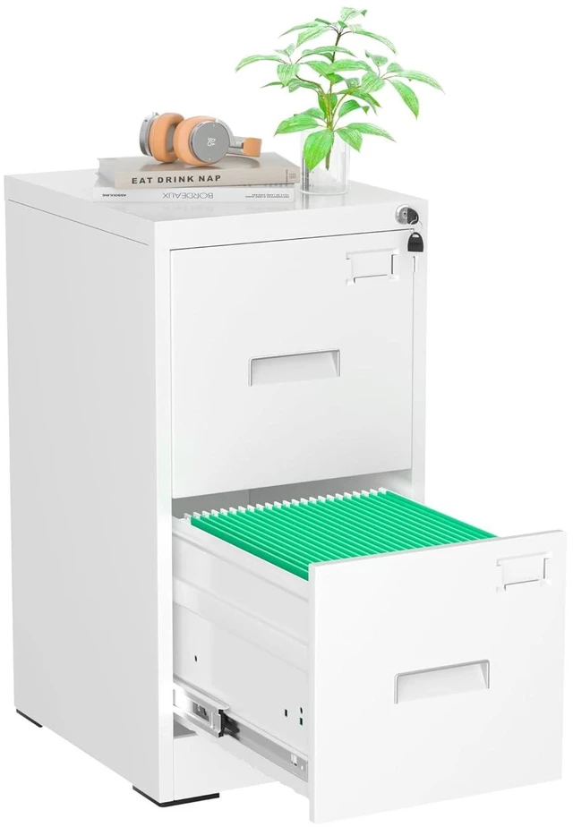 Main image of 2 Drawer File Cabinet with Lock, Sturdy Metal Vertical Filing Cabinets for Home Office, Under Desk Paperwork Storage Fully Extendable Slides Letter Legal A4 Size 18x15x28 Inches, White
