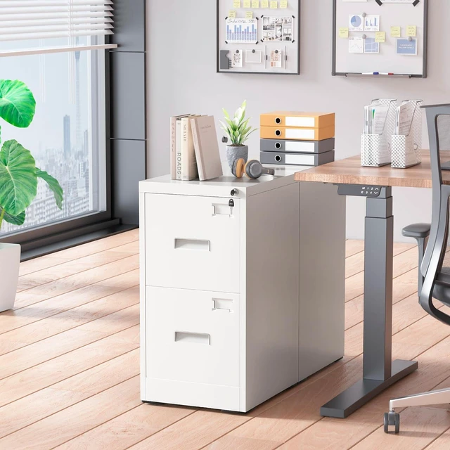 Alt view image 2 of 7 - 2 Drawer File Cabinet with Lock, Sturdy Metal Vertical Filing Cabinets for Home Office, Under Desk Paperwork Storage Fully Extendable Slides Letter Legal A4 Size 18x15x28 Inches, White