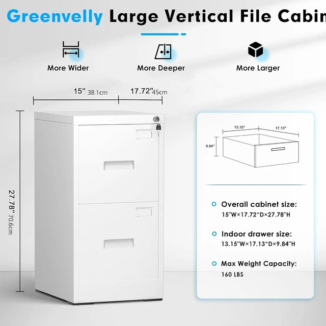 Alt view image 3 of 7 - 2 Drawer File Cabinet with Lock, Sturdy Metal Vertical Filing Cabinets for Home Office, Under Desk Paperwork Storage Fully Extendable Slides Letter Legal A4 Size 18x15x28 Inches, White