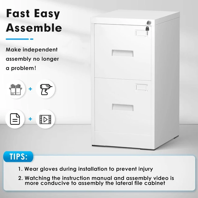 Alt view image 7 of 7 - 2 Drawer File Cabinet with Lock, Sturdy Metal Vertical Filing Cabinets for Home Office, Under Desk Paperwork Storage Fully Extendable Slides Letter Legal A4 Size 18x15x28 Inches, White