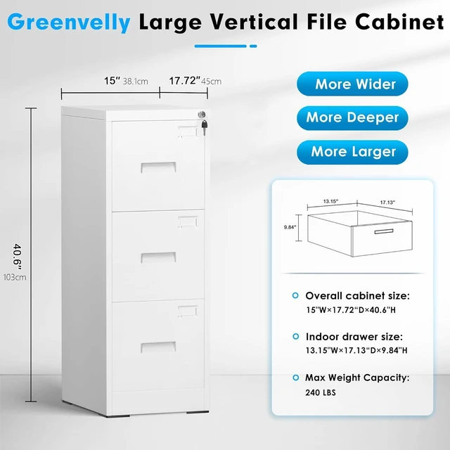 Alt view image 3 of 7 - 3 Drawer File Cabinet with Lock, Sturdy Metal Vertical Filing Cabinets for Home Office, Under Desk Paperwork Storage Fully Extendable Slides Letter Legal A4 Size 18x15x41 Inches, White