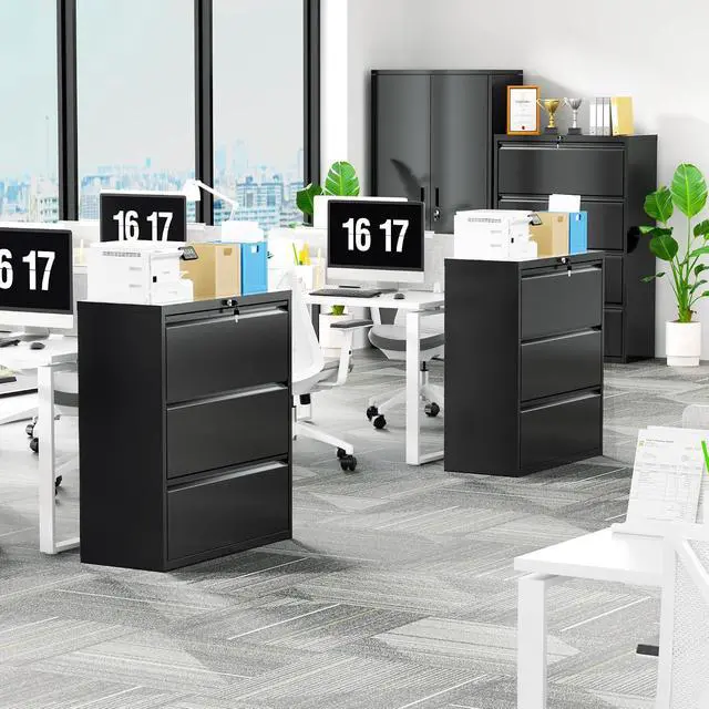 Alt view image 3 of 7 - Metal Lateral File Cabinets with Lock,3 Drawer Steel Wide Filing Cabinets,Home Office Furniture for Hanging Files Letter/Legal/F4/A4 Size (Blcak-3 Drawer)