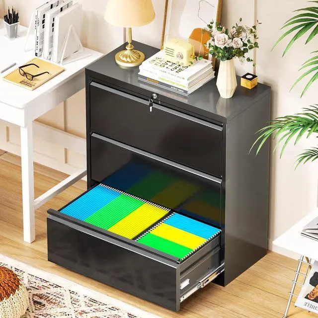Alt view image 7 of 7 - Metal Lateral File Cabinets with Lock,3 Drawer Steel Wide Filing Cabinets,Home Office Furniture for Hanging Files Letter/Legal/F4/A4 Size (Blcak-3 Drawer)