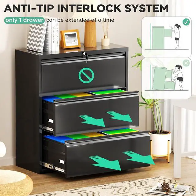 Alt view image 6 of 7 - Metal Lateral File Cabinets with Lock,3 Drawer Steel Wide Filing Cabinets,Home Office Furniture for Hanging Files Letter/Legal/F4/A4 Size (Blcak-3 Drawer)