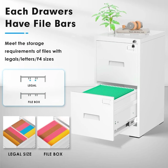 Alt view image 4 of 7 - 2 Drawer File Cabinet with Lock, Sturdy Metal Vertical Filing Cabinets for Home Office, Under Desk Paperwork Storage Fully Extendable Slides Letter Legal A4 Size 18x15x28 Inches, White