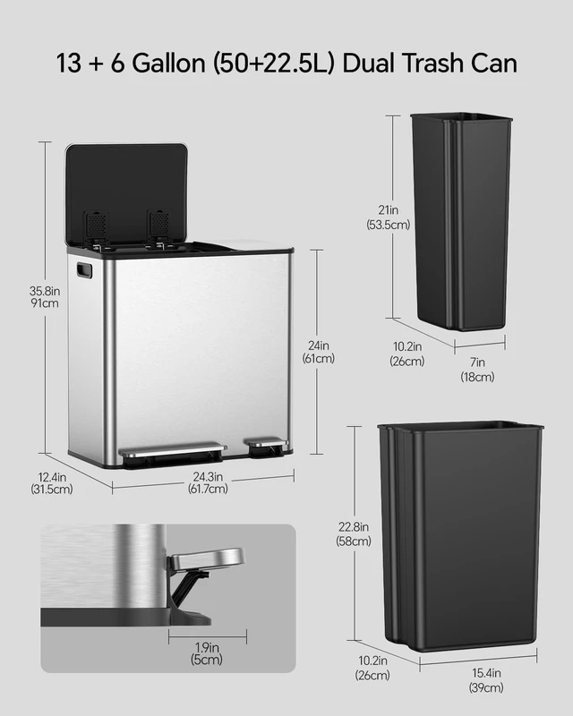 Alt view image 3 of 7 - Dual Trash and Recycling Bins for Kitchen, 13+6 Gallon Stainless Steel Garbage and Recycle Bin Combo for Large Families, Dual Trash Can with Soft Close Lid & Magnetic Stickers, Silver