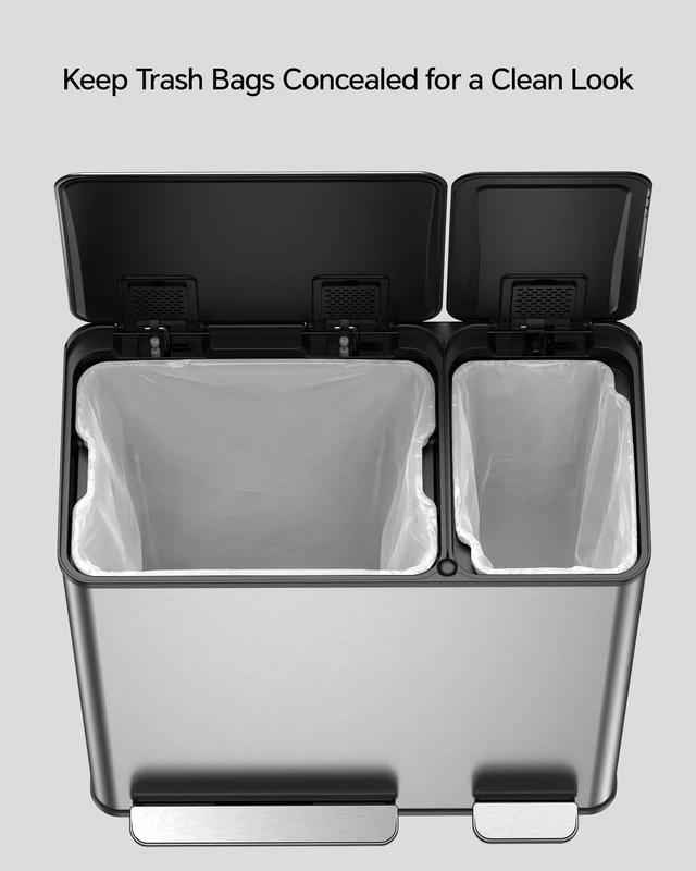Alt view image 7 of 7 - Dual Trash and Recycling Bins for Kitchen, 13+6 Gallon Stainless Steel Garbage and Recycle Bin Combo for Large Families, Dual Trash Can with Soft Close Lid & Magnetic Stickers, Silver