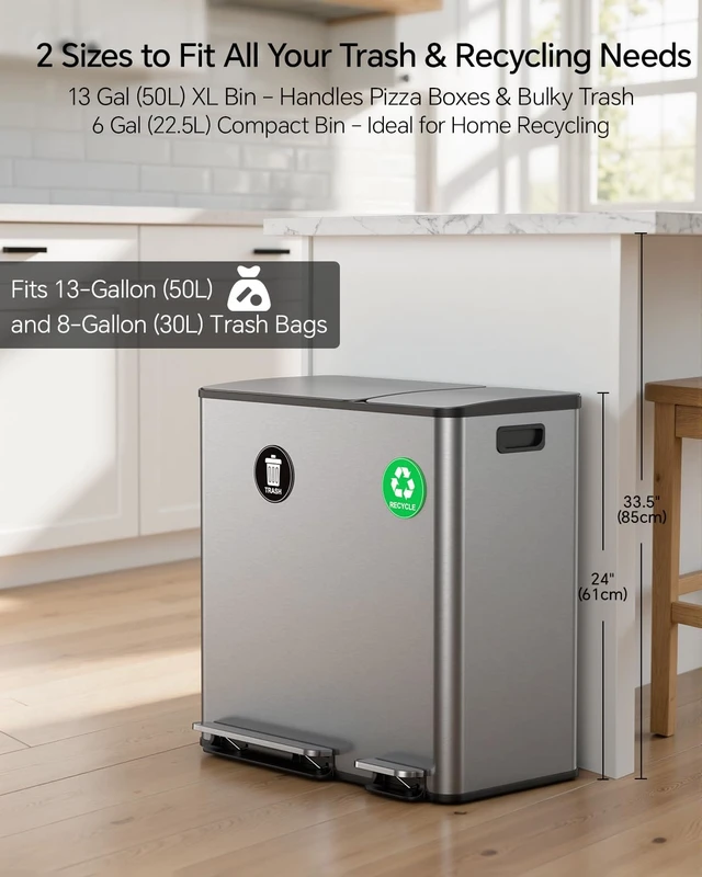 Alt view image 2 of 7 - Dual Trash and Recycling Bins for Kitchen, 13+6 Gallon Stainless Steel Garbage and Recycle Bin Combo for Large Families, Dual Trash Can with Soft Close Lid & Magnetic Stickers, Silver