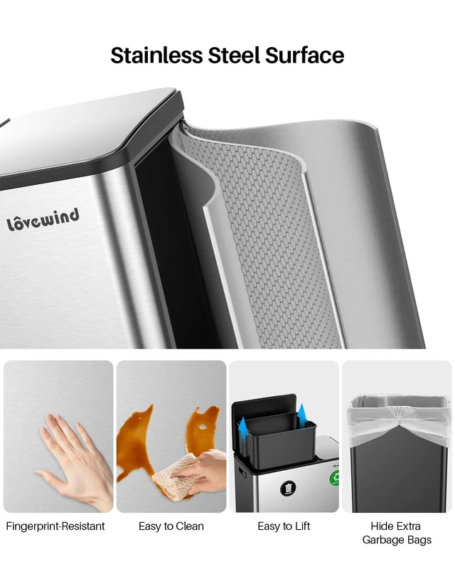Alt view image 3 of 7 - Dual Trash and Recycling Bins for Kitchen, 13.2 + 5.2 Gal (50+20L) Stainless Steel Trash and Recycle Bin Combo with Soft-Close Lid, Large Garbage Cans for Kitchen Home with 2 Magnets Sticker, Silver