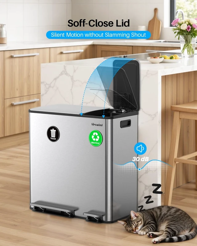 Alt view image 4 of 7 - Dual Trash and Recycling Bins for Kitchen, 13.2 + 5.2 Gal (50+20L) Stainless Steel Trash and Recycle Bin Combo with Soft-Close Lid, Large Garbage Cans for Kitchen Home with 2 Magnets Sticker, Silver