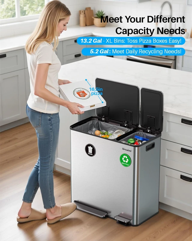 Alt view image 2 of 7 - Dual Trash and Recycling Bins for Kitchen, 13.2 + 5.2 Gal (50+20L) Stainless Steel Trash and Recycle Bin Combo with Soft-Close Lid, Large Garbage Cans for Kitchen Home with 2 Magnets Sticker, Silver