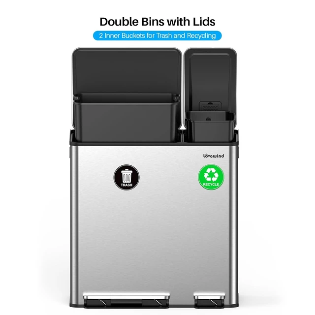 Alt view image 7 of 7 - Dual Trash and Recycling Bins for Kitchen, 13.2 + 5.2 Gal (50+20L) Stainless Steel Trash and Recycle Bin Combo with Soft-Close Lid, Large Garbage Cans for Kitchen Home with 2 Magnets Sticker, Silver