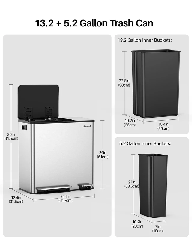 Alt view image 6 of 7 - Dual Trash and Recycling Bins for Kitchen, 13.2 + 5.2 Gal (50+20L) Stainless Steel Trash and Recycle Bin Combo with Soft-Close Lid, Large Garbage Cans for Kitchen Home with 2 Magnets Sticker, Silver