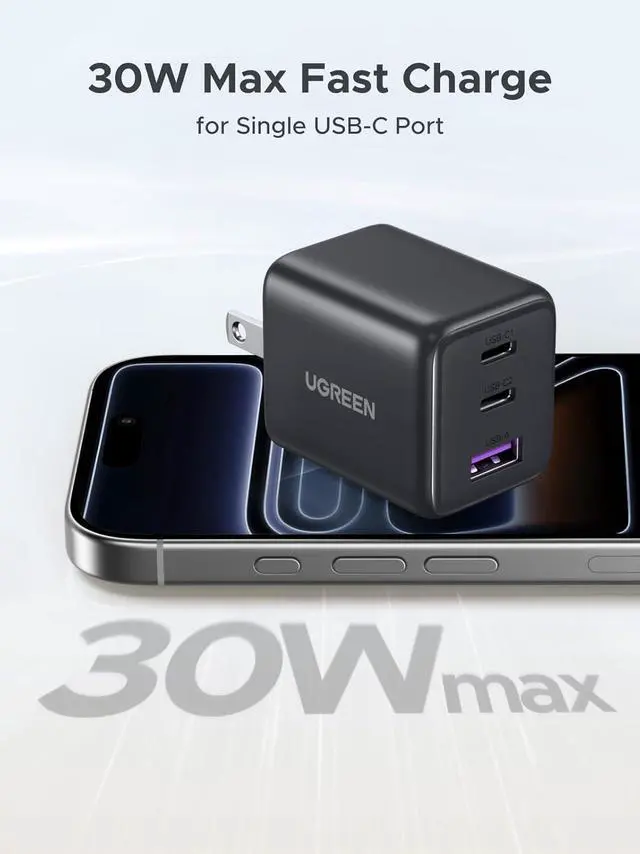 Alt view image 3 of 7 - 3-Port 30W USB C Charger, GaN II Compact iPhone Charger Fast Charging, Type C Power Adapter for iPhone 17/16/15 Series, Galaxy S26/S25/24, iPad, MacBook Neo/Air, Matt Black