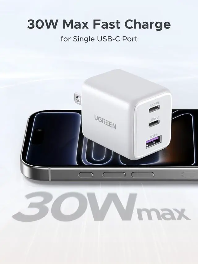 Alt view image 3 of 7 - 3-Port 30W USB C Charger, GaN II Compact iPhone Charger Fast Charging, Type C Power Adapter for iPhone 17/16/15 Series, Galaxy S26/S25/24/23, iPad, White