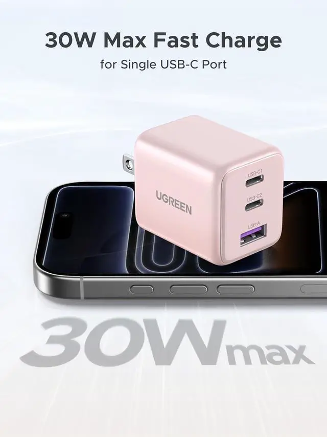 Alt view image 3 of 7 - 3-Port 30W USB C Charger, GaN II Compact iPhone Charger Fast Charging, Type C Power Adapter for iPhone 17/16/15 Series, Galaxy S26/S25/24, iPad, MacBook Neo/Air, Pink