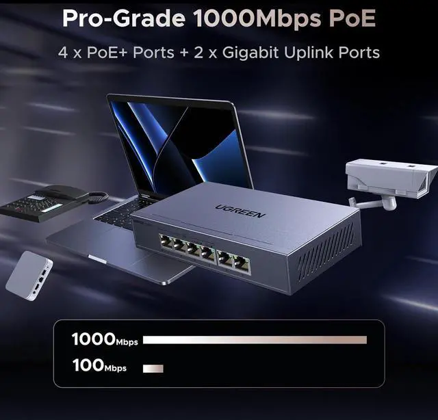 Alt view image 2 of 7 - Ethernet Switch, 6 Port PoE Switch, 4 PoE+@60W and 2 Gigabit Uplink, Plug & Play, Standard/Port Isolation(VLAN)/Extend Mode, Sturdy Metal, Metal Unmanaged Network Splitter for Security Camera
