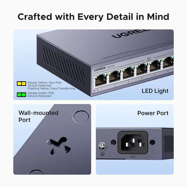 Alt view image 7 of 7 - Ethernet Switch, 10-Port PoE Switch, 8 PoE+@60W + 2 Gigabit Uplink, Plug & Play, Standard/Port Isolation(VLAN)/Extend Mode, PoE Auto Recovery, Metal Unmanaged Network Hub for Security Camera