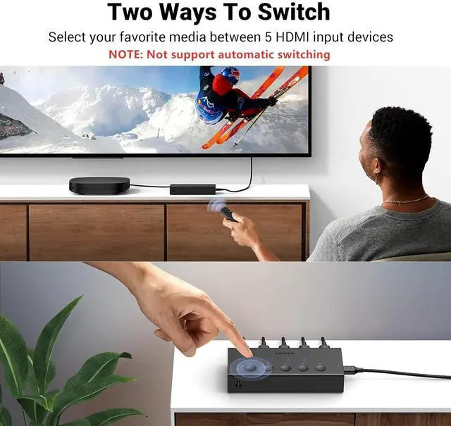 Alt view image 5 of 7 - HDMI Switch 5 in 1 Out 4K@60Hz, HDMI Splitter with Remote 5 Port Switcher Selector Box Support 3D CEC HDR HDCP2.2 Compatible with PS5/4/3 Xbox Nintendo Switch Roku TV Fire Stick Black