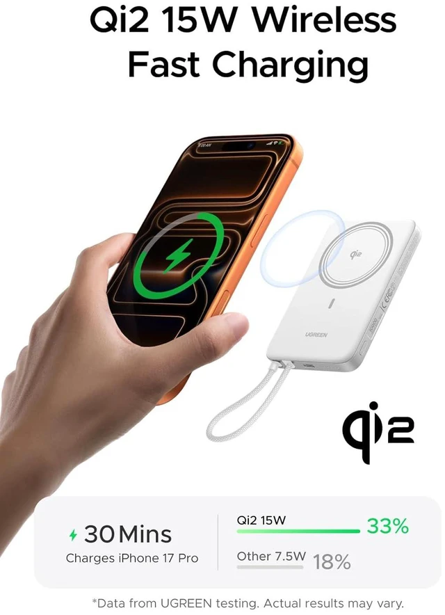 Alt view image 3 of 7 - UGREEN Magflow Air 10000mAh Qi2 15W Wireless Power Bank Built-in Cable | Built-in USB-C cable, 30W PD, Qi2 15W wireless. MagSafe. Ultra-slim for iPhone 17/16/15/14 Pro Max.