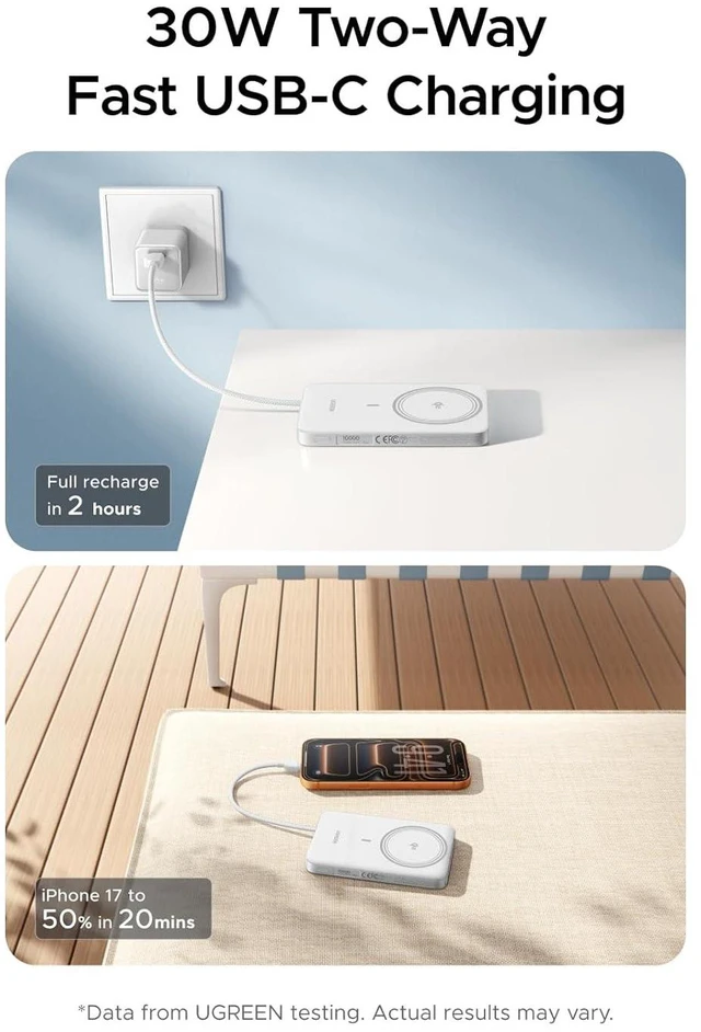 Alt view image 5 of 7 - UGREEN Magflow Air 10000mAh Qi2 15W Wireless Power Bank Built-in Cable | Built-in USB-C cable, 30W PD, Qi2 15W wireless. MagSafe. Ultra-slim for iPhone 17/16/15/14 Pro Max.