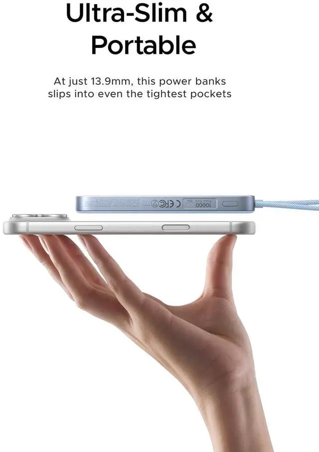 Alt view image 2 of 7 - Magflow Air Qi2 Magnetic Power Bank 10000mAh, 15W Wireless Portable Charger with Built-in USB-C Cable, 30W Fast Charging Battery Pack, MagSafe Compatible for iPhone 17/16/15/14 Pro Max, Blue