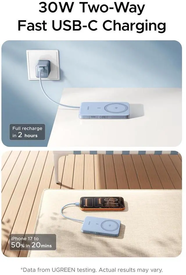Alt view image 4 of 7 - Magflow Air Qi2 Magnetic Power Bank 10000mAh, 15W Wireless Portable Charger with Built-in USB-C Cable, 30W Fast Charging Battery Pack, MagSafe Compatible for iPhone 17/16/15/14 Pro Max, Blue