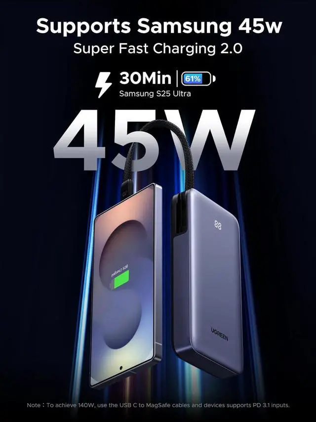 Alt view image 2 of 7 - Nexode Power Bank 20000mAh 45W with Built-in Cable, Fast Charging Portable Charger for iPhone 17 Pro/Samsung S26 Ultra/iPad Pro, 3-Port External Battery Pack with Digital Display, Travel Ready