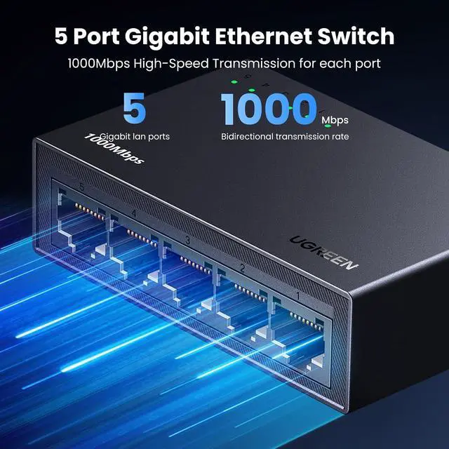Alt view image 3 of 7 - UGREEN Ethernet Switch, 5 Port Gigabit Plug & Play Ethernet Splitter