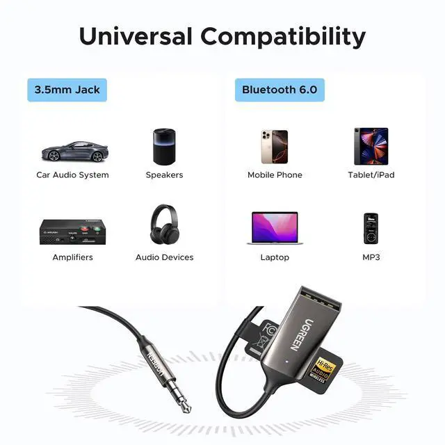 Alt view image 5 of 7 - UGREEN Aux to Bluetooth 6.0 Car Adapter with LDAC, 3.5mm Aux Adapter Built-in Microphone, Car Bluetooth Audio Receiver for Hands-Free Calls Compatible with Speaker & Home Audio