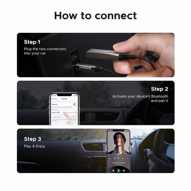Alt view image 7 of 7 - UGREEN Aux to Bluetooth 6.0 Car Adapter with LDAC, 3.5mm Aux Adapter Built-in Microphone, Car Bluetooth Audio Receiver for Hands-Free Calls Compatible with Speaker & Home Audio
