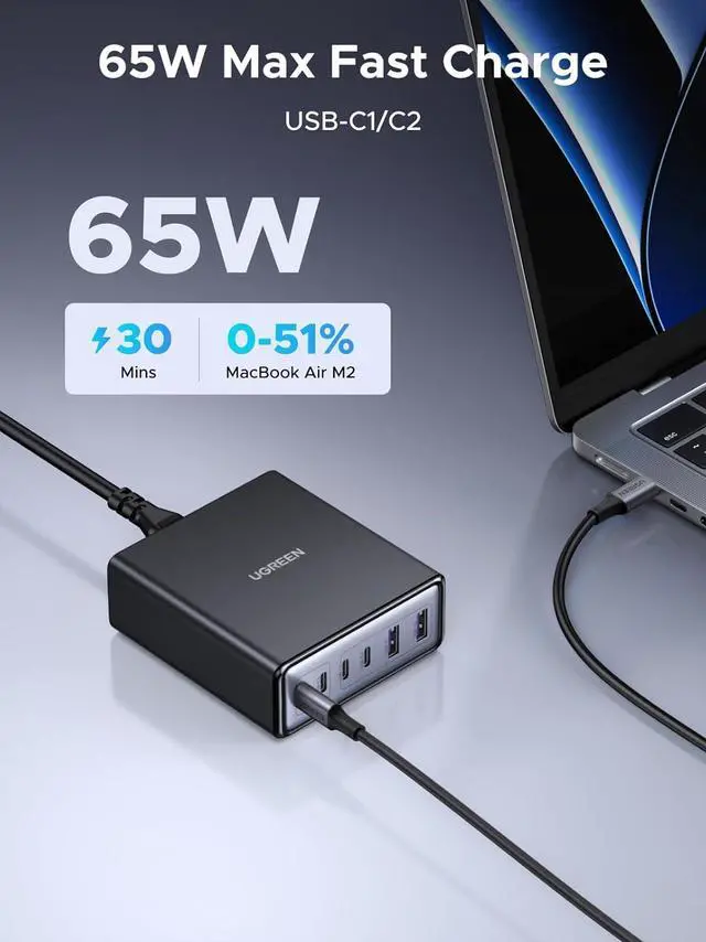 Alt view image 4 of 7 - UGREEN 100W USB C Charging Station, 6-Port GaN Desktop Charger with 4 USB-C & 2 USB-A, Smart Power Distribution for MacBook Pro/Air, Dell XPS, iPad, iPhone 17/16/15, Galaxy S25/S24, Pixel 10/9