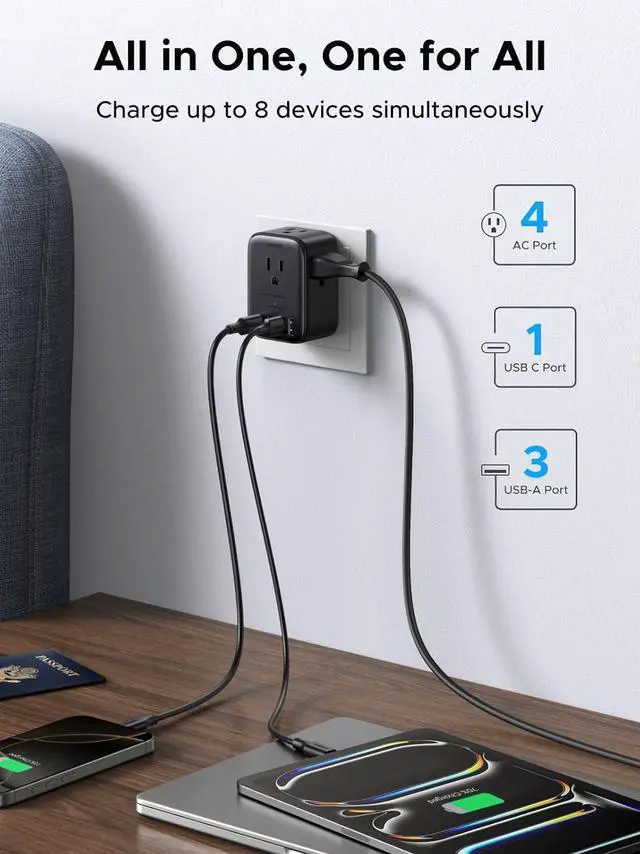 Alt view image 2 of 7 - Multi Plug Outlet Extender with Surge Protection, Compact 4-Sided 8-Port Design, GaN Power Strip with 20W PD Charging for iPhone, iPad Series, College Dorm/Office/Home/Travel Essentials