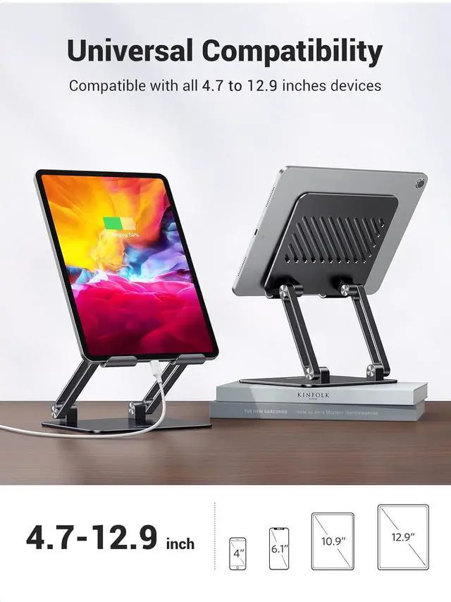 Alt view image 5 of 7 - Tablet Stand Holder for Desk Dual Rod Support Aluminum Tablet Holder Adjustable Multi-Angle Home Office Accessories Compatible with iPad Pro 13 12 11 10.5 Air Mini 5 4 3 2 Phone E-Reader Black
